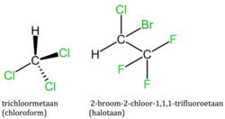 Strukturele formules van chloroform en halotaan met UISTC-name