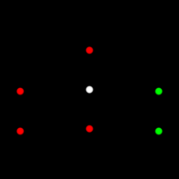 Light signals for a vessel undertaking underwater operations at night. The red lights indicate the obstructed side, green lights indicate clear side.
