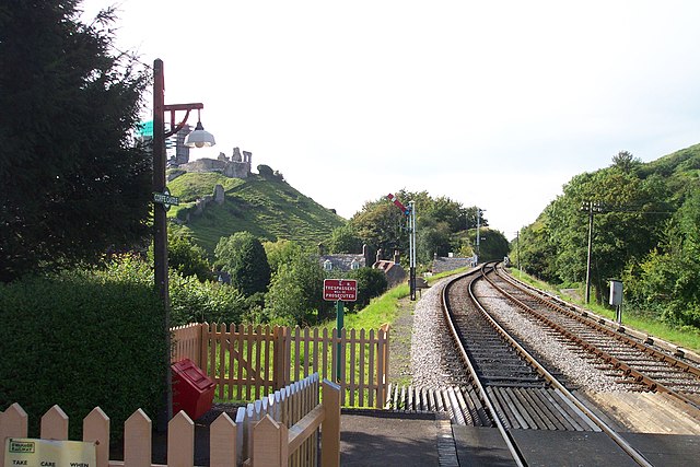 The railway line, showing the gap the line must thread between Castle (left) and East (right) hills.