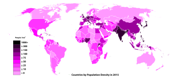 Population density (people per km2) by country, 2015.