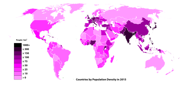 Population density per square kilometre by country, 2006