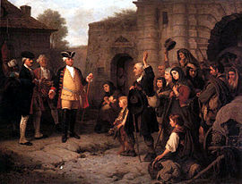 King Frederick William I of Prussia welcomes the Salzburg Protestants, 19th century painting CretiusEmpfang.jpg