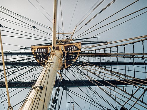 View of the rigging of the sailing ship Cutty Sark in Greenwich