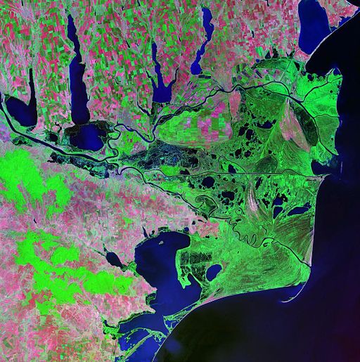 Donaudelta am Schwarzen Meer (Landsat-Satellitenfoto). UNESCO-Weltnaturerbe in Rumänien. Danube delta Landsat 2000