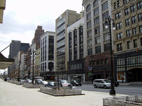 Merchants Row on Woodward between Grand Circus Park and Campus Martius Park in downtown Detroit, just south of the David Whitney Building