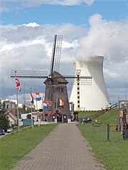 Doel windmill and nuclear power plant