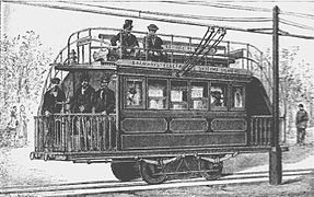 Paris: Straßen­bahn­trieb­wa­gen mit Ober­deck­sit­zen 1881