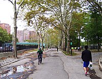 The walkway in the park, which runs along the FDR Drive, is being resurfaced as part of a general overhaul of the park; this section is still to be worked on.