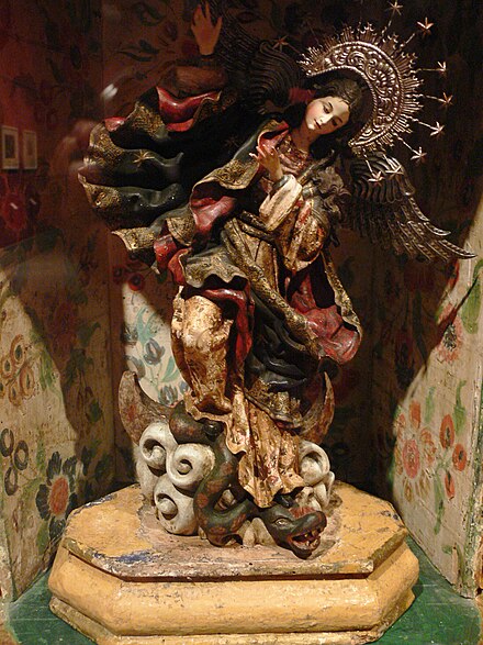 House altar with the Virgin of Quito (18th century) by Bernardo de Legarda. Wood, polychromy. Ethnological Museum of Berlin.