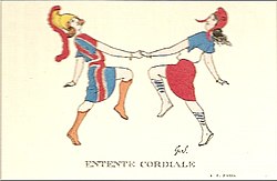 Брытанія і Марыяна танцуюць разам на французскай паштоўцы 1904 года: святкаванне падпісання Кардыяле Антанты.