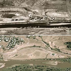 Evolution of the Old Rifle UMTRA Site (Colorado, US) from 1957 (above) until 2008 (below), in which biostimulation tasks were carried out. Evolution of the Old Rifle Processing Site.jpeg