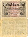 50 Mio. Mark (50.000.000 Mark) 1. September 1923 (Wert ca. 5 Mark von 1914)