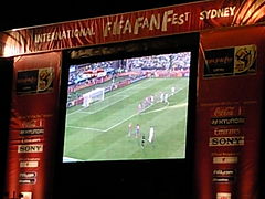 The main screen at Darling Harbour during the Serbia V Ghana match