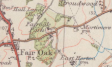 Ordnance Survey map showing location of Fair Oak Park (centre of the map) in relation to the village of Fair Oak (around the crossroads to the left of the map). Fair oak park map.png