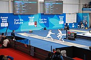 Deutsch: Fechten bei den Olympischen Jugend-Sommerspielen 2018: Tag 1, 7. Oktober 2018, Jungen, Säbel, Viertelfinale - Samuel Jarry (FRA) - Mazen Elaraby (EGY) 14:15 English: Fencing at the 2018 Summer Youth Olympics at 7 October 2018 – Boys' sabre Quarterfinals – Samuel Jarry (FRA) Vs Mazen Elaraby (EGY) 14:15