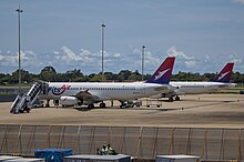 Two FitsAir Airbus A320s at Bandaranike International Airport FitsAir A320s at Colombo airport.jpg