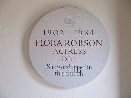 Memorial tablet to Flora Robson in the porch of her final parish church, St Nicholas, Brighton