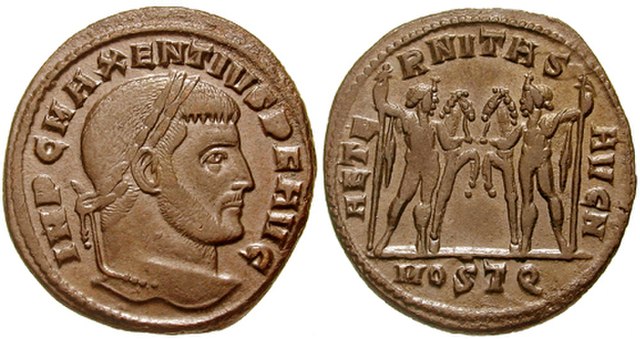 Maxentius as Augustus on a follis. Legend: IMPerator Caesar MAXENTIVS Pius Felix AVGustus / AETERNITAS AUGusti Noster, the Dioscuri standing facing ea
