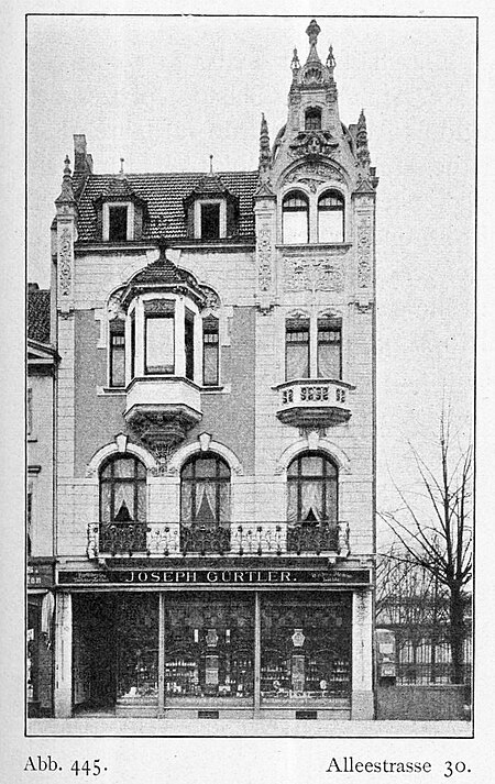 Gürtler’sches Geschäftshaus an der Alleestraße 30 (heute Heinrich Heine Allee) in Düsseldorf, erbaut von 1897 bis 1898, Architekt Gottfried Wehling, Bauherr Joseph Gürtler