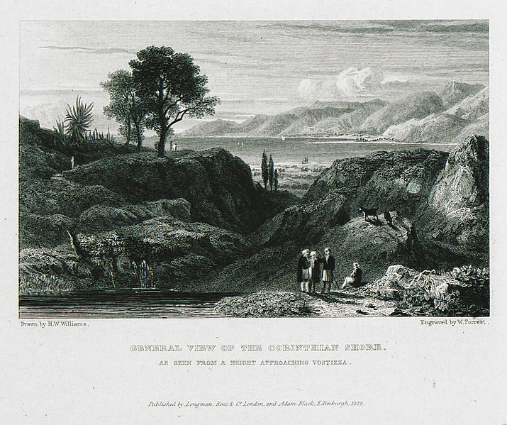 File:General view of the Corinthian shore As seen from a height approaching Vostizza - Williams Hugh William - 1829.jpg