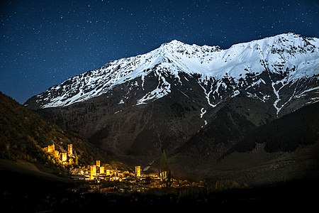 Highland townlet Mestia at night in Svaneti region By Q-lieb-in