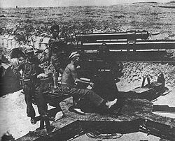 Republican gunners manning an anti-aircraft gun during the Battle of the Ebro. By this time Jurado was already responsible for the Republican air defense. Gottwaldova delostrelecka baterie.jpg