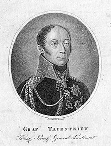 Black-and-white portrait of a hatless Bogislav Friedrich Emmanuel von Tauentzien in a full dress military uniform