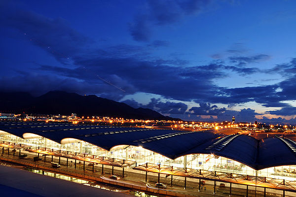 The exterior of Hong Kong International Airport at night