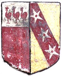 Heraldic escutcheon showing the arms of Hancock of Combe Martin: Gules, on a chief argent three cocks of the field impaling Bampfield of Poltimore: Or, on a bend gules three mullets argent (shown here pierced). Detail from the base of the monument of Dorothy Bampfield (d.1617) in the Lady Chapel of Exeter Cathedral HancockBampfieldMatchExeterCathedral.JPG