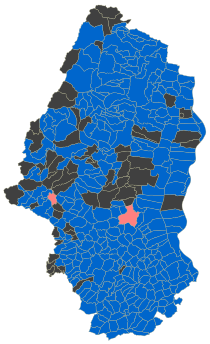 Une carte du Haut-Rhin par communes, montrant les résultats du premier tour de l'élection présidentielle française de 2012.