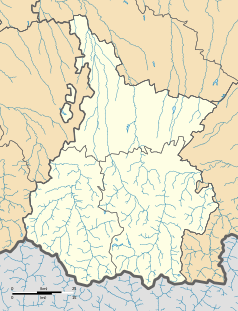 Mapa konturowa Pirenejów Wysokich, w centrum znajduje się punkt z opisem „Barbazan-Debat”