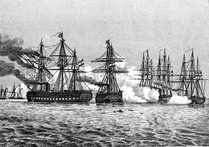 Schwartzenberg, Radetzsky, Niels Juul, fregatten Jylland, Heimdal. I baggrunden preussiske kanonbåde.