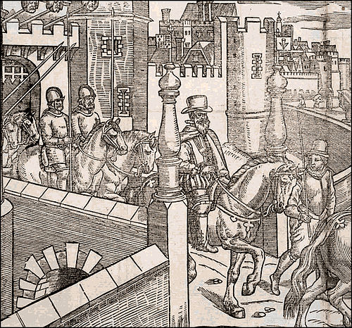 Henry Sidney, Lord Deputy of Ireland under Elizabeth I, sets out from Dublin Castle. Detail from a plate in The Image of Irelande, by John Derrick (Lo