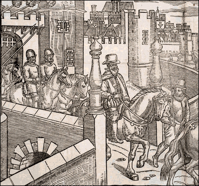 Henry Sidney, Lord Deputy of Ireland under Elizabeth I, sets out from Dublin Castle. Detail from a plate in The Image of Irelande, by John Derrick (Lo