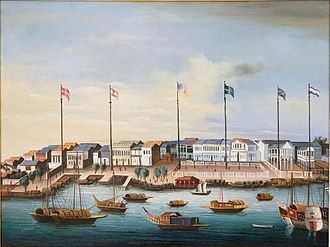 Painting of the Thirteen Factories c. 1820, with flags of Denmark, Spain, the U.S., Sweden, Britain, and the Netherlands Hongs at Canton.jpg