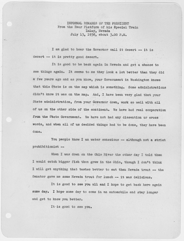 1938 remarks by FDR on the taste of Nevada trout.