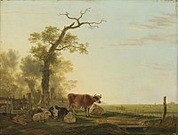 Meadow Landscape with Animals. between 1800 and 1815 date QS:P,+1850-00-00T00:00:00Z/7,P1319,+1800-00-00T00:00:00Z/9,P1326,+1815-00-00T00:00:00Z/9 . oil on panelmedium QS:P186,Q296955;P186,Q106857709,P518,Q861259. 40 × 52.5 cm (15.7 × 20.6 in). Amsterdam, Rijksmuseum Amsterdam.