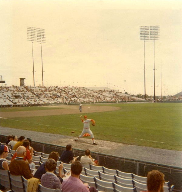 Houston Astros pitcher Ken Forsch warms up at Jarry Park Stadium in 1971.