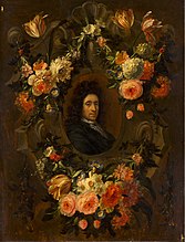 Retrato de un hombre rodeado por una corona de flores