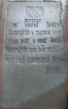 14th century ledger stone to John Bampfield, chancel aisle, Poltimore Church JohnBampfield 1390 PoltimoreChurch Devon.PNG