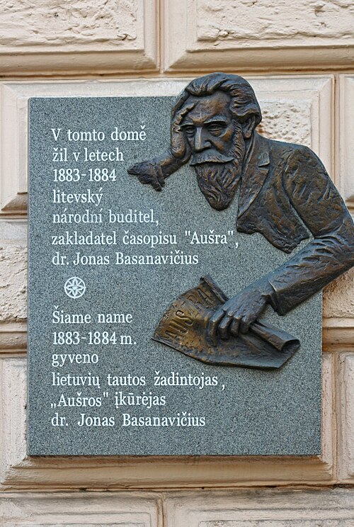 A memorial plaque in Prague on the house where Basanavičius lived