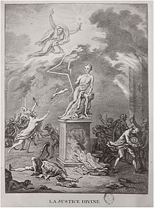 Divine Justice smites Jean-Baptiste Pigalle's statue of Voltaire. Anonymous, 1773 La Justice Divine.jpg