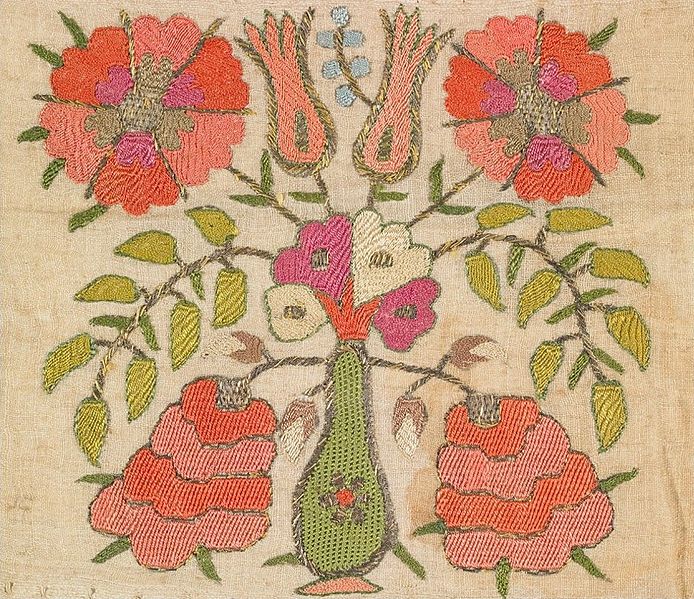 File:Large towel or bed cover, Turkey, 19th century, linen, silk, gilt thread, plain and supplemental weave and embroidery.jpg