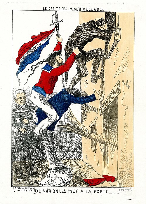 Satirical cartoon of 1871: Orléanists stand on the ruined December Empire and attempt to enter the "Défense Nationale" building, while Adolphe Thiers 