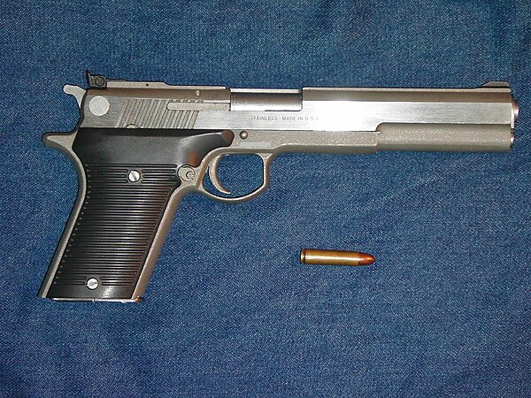 Automag III .30 Carbine pistol made by Irwindale Arms, Inc. with .30 Carbine cartridge