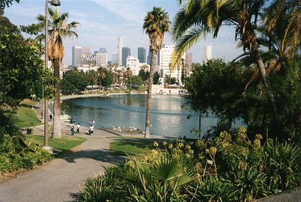 MacArthur Park, with Downtown LA in the background
