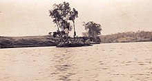 Man-made sandstone cairn at Seventeen Mile Rocks in the Brisbane River, circa 1940s