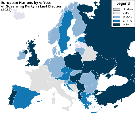 Map of European nations coloured by percentage of vote governing party got in last election as of 2022