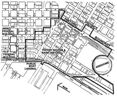 This 1996 map of the Pioneer Square-Skid Road Historic District shows the location of the Kingdome (at the lower right in the map).