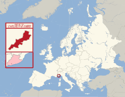 Map the Italian Comune of Seborga and the Principality of Seborga marked in red within Europe